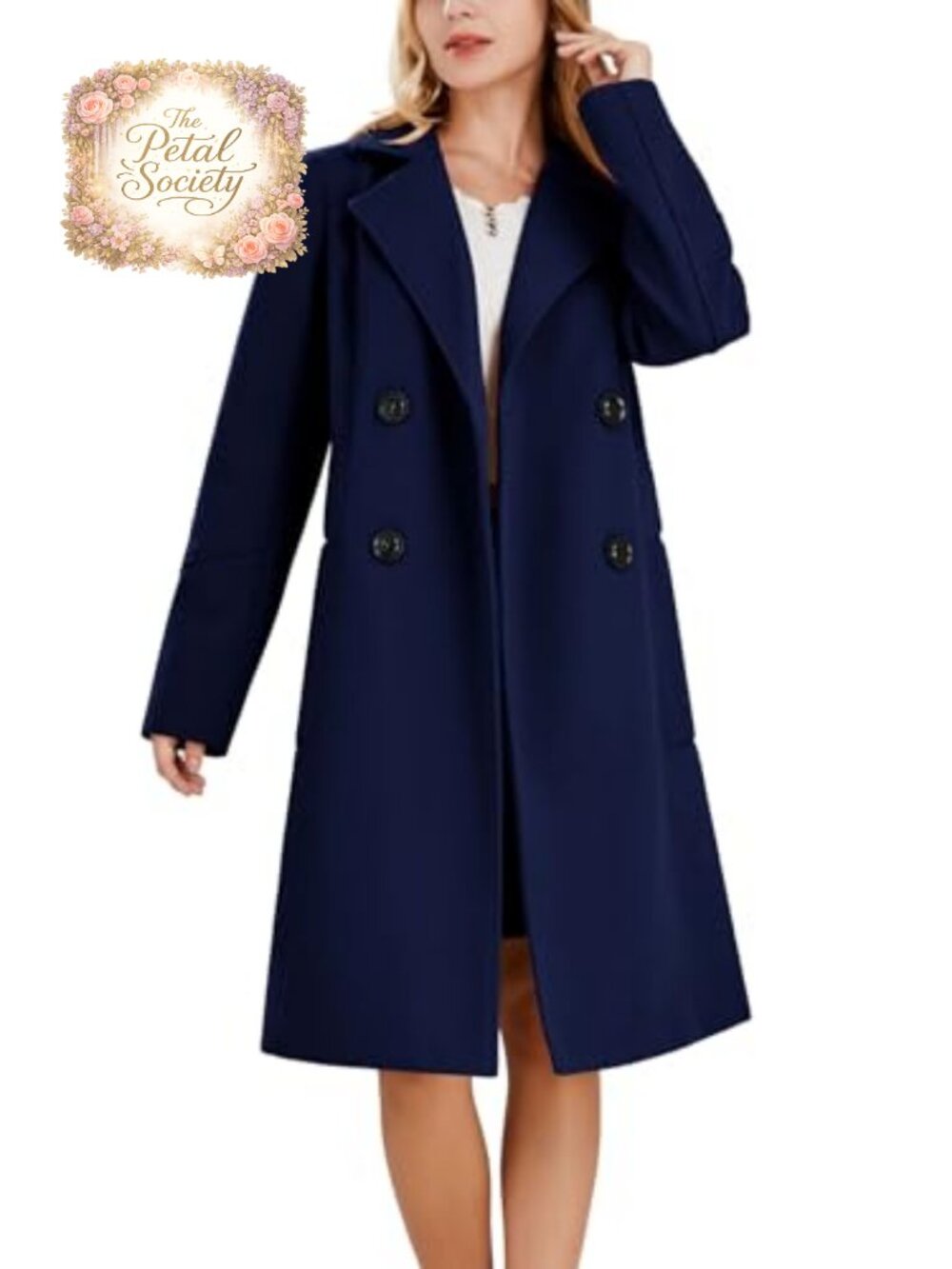 Women Wool Blend Double Breasted Mid-Long Pea Coat Notch Lapel